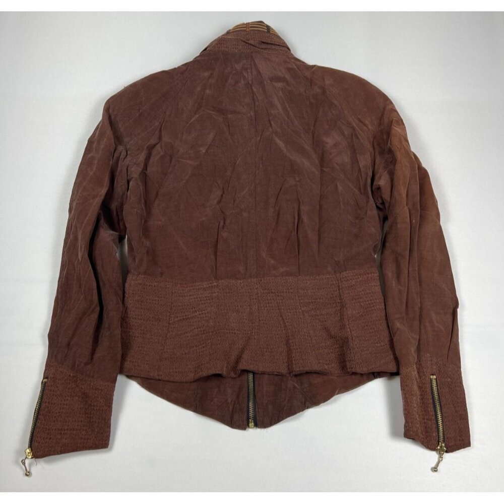 Caché Women L Vintage Brown Suede Bomber Jacket Earthy Mixed Media Made in USA - Picture 2 of 7
